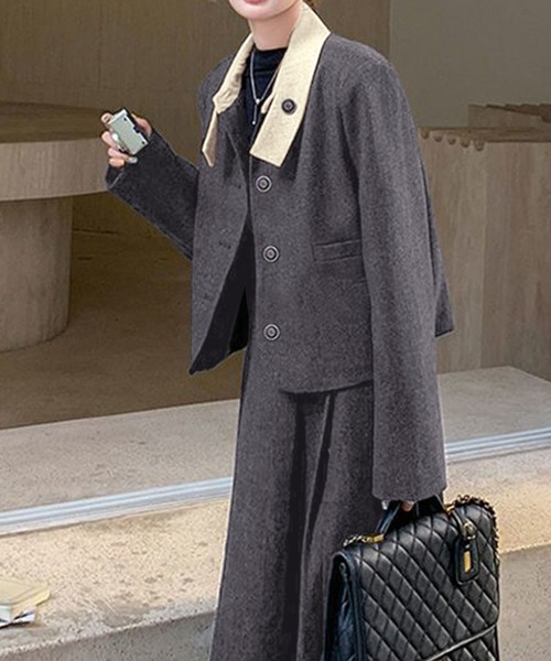 セール】2点セットアップ 配色衿ショート丈ジャケット＆タックプリーツ