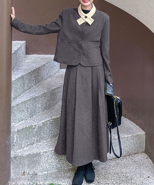 セール】2点セットアップ 配色衿ショート丈ジャケット＆タックプリーツ