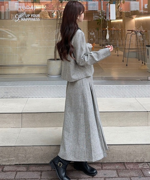 セール】2点セットアップ 配色衿ショート丈ジャケット＆タックプリーツ