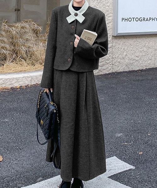 セール】2点セットアップ 配色衿ショート丈ジャケット＆タックプリーツ