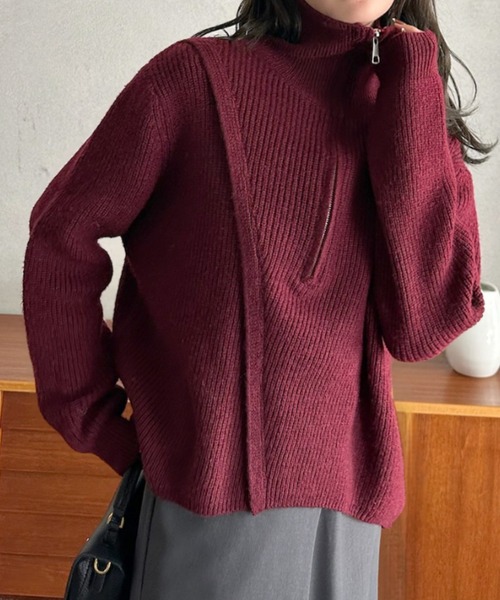 Eclat one(エクラワン)の「【Eclat one】ハーフジップ ニット デザイン プルオーバー(ニット/セーター・レディース・レッド/アイボリー/グレー・FREE)」の3枚目の写真