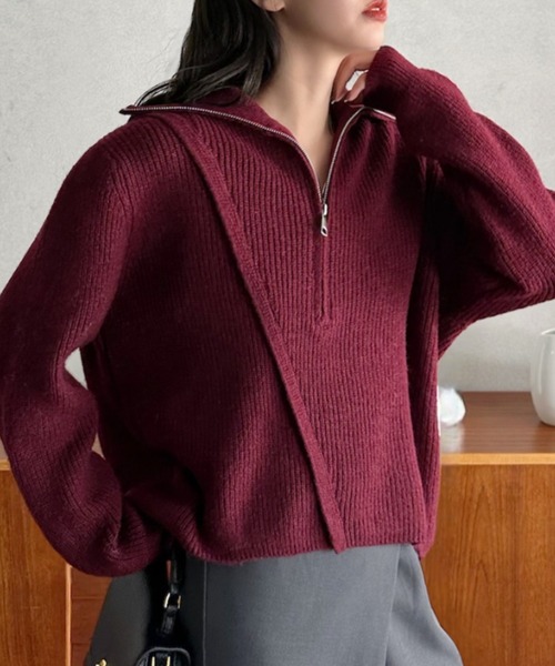 Eclat one(エクラワン)の「【Eclat one】ハーフジップ ニット デザイン プルオーバー(ニット/セーター・レディース・レッド/アイボリー/グレー・FREE)」の15枚目の写真