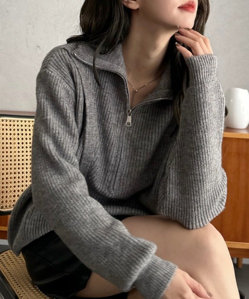 Eclat one(エクラワン)の「【Eclat one】ハーフジップ ニット デザイン プルオーバー(ニット/セーター・レディース・レッド/アイボリー/グレー・FREE)」の5枚目の写真