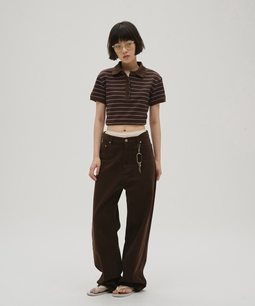 TODAYFUL（トゥデイフル）の「Border Polo Tops（ポロシャツ・レディース・チョコ/チャコールグレー・FREE）」の3枚目の写真