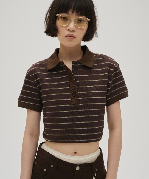 TODAYFUL（トゥデイフル）の「Border Polo Tops（ポロシャツ・レディース・チョコ/チャコールグレー・FREE）」の4枚目の写真