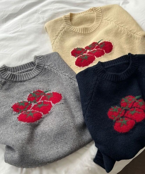 トマト刺繍デザインの可愛らしいニットセーター（ニット/セーター