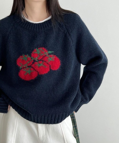 トマト刺繍デザインの可愛らしいニットセーター（ニット/セーター