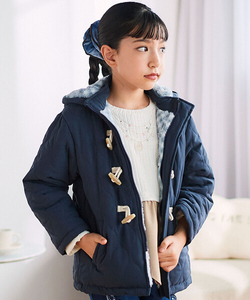キルトタフタ×チェックファーダッフルコート(80~130cm)（ダッフル