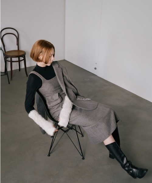 Muel Chic（ミュエルシック）の「Vila tweed jumper onepiece  ヴィラツイードジャンパーワンピース（ワンピース・レディース・ブラウン/グレー/チャコールグレー・FREE）」の4枚目の写真