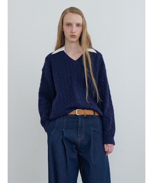 Kijun(キジュン)の「Shirt Collar V-Neck Knit Navy(ニット/セーター・レディース・その他・SMALL/MEDIUM)」の1枚目の写真