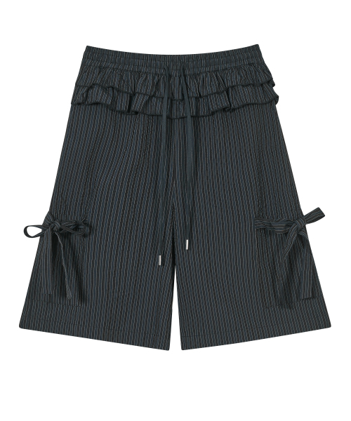 パンツ TYPESERVICE Mixed Pattern Ruffled Pants Ruffled Stripe Pocket Pants [Navy]（その他パンツ）｜TYPESERVICE