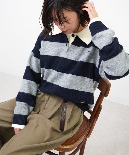 gossara(ゴサラ)の「ラガーボーダーTOPS(ニット/セーター・レディース・ワイン/ブラウン/ネイビー・FREE)」の2枚目の写真