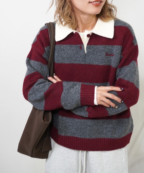 gossara(ゴサラ)の「ラガーボーダーTOPS(ニット/セーター・レディース・ワイン/ブラウン/ネイビー・FREE)」の3枚目の写真