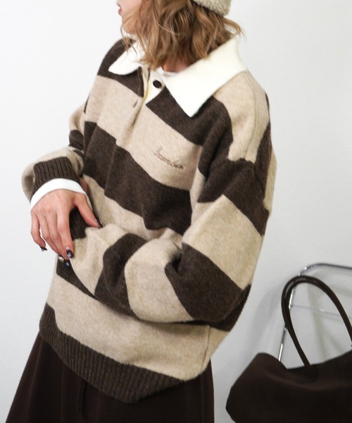 gossara(ゴサラ)の「ラガーボーダーTOPS(ニット/セーター・レディース・ワイン/ブラウン/ネイビー・FREE)」の6枚目の写真