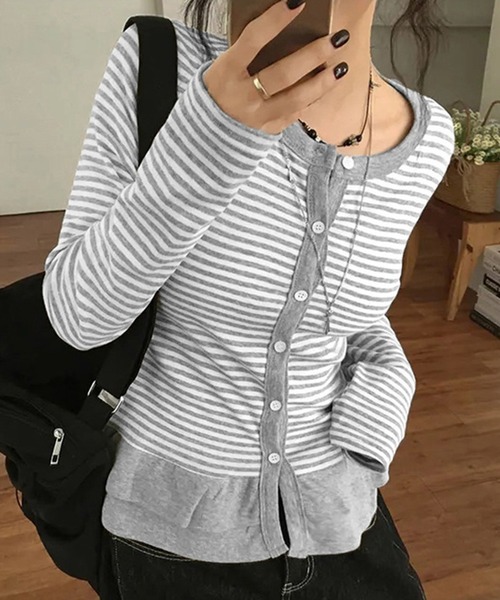 Chiina(チーナ)の「Chiina /ボーダー フリルレイヤード長袖トップス(カーディガン/ボレロ・レディース・ブラック/チャコールグレー/グレー・FREE)」の3枚目の写真