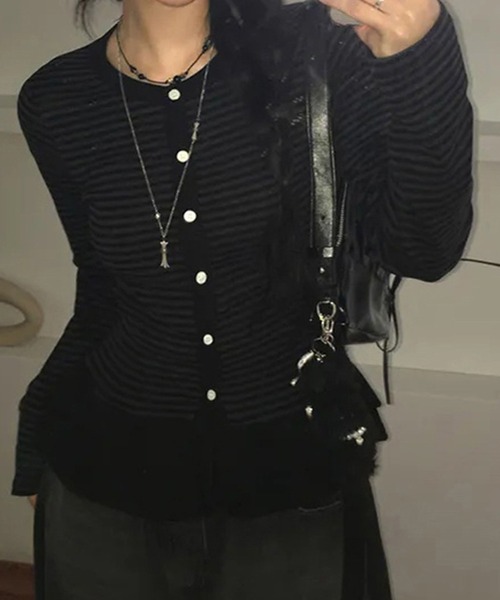 Chiina(チーナ)の「Chiina /ボーダー フリルレイヤード長袖トップス(カーディガン/ボレロ・レディース・ブラック/チャコールグレー/グレー・FREE)」の10枚目の写真