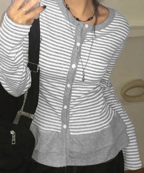 Chiina(チーナ)の「Chiina /ボーダー フリルレイヤード長袖トップス(カーディガン/ボレロ・レディース・ブラック/チャコールグレー/グレー・FREE)」の14枚目の写真