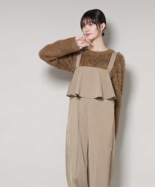 NANO universe（ナノユニバース）の「フロントフリルサロパットパンツ（サロペット/オーバーオール・レディース・ブラウン/ベージュ/ネイビー・FREE）」の5枚目の写真