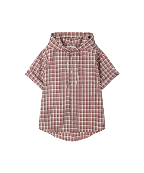 SECONDMONO（セカンドモノローグ）の「Roll-up Button Hooded Check Half Shirt [BURGUNDY]_SESH013BURGUNDY（シャツ/ブラウス・レディース・その他・SMALL/MEDIUM/X-SMALL）」の2枚目の写真