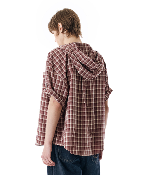 SECONDMONO（セカンドモノローグ）の「Roll-up Button Hooded Check Half Shirt [BURGUNDY]_SESH013BURGUNDY（シャツ/ブラウス・レディース・その他・SMALL/MEDIUM/X-SMALL）」の4枚目の写真