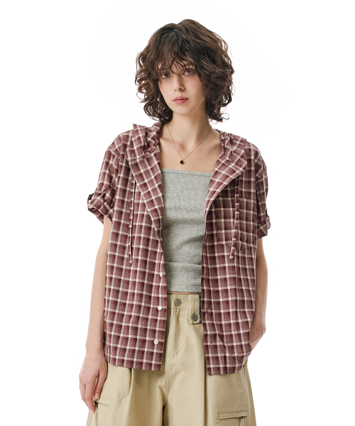 SECONDMONO（セカンドモノローグ）の「Roll-up Button Hooded Check Half Shirt [BURGUNDY]_SESH013BURGUNDY（シャツ/ブラウス・レディース・その他・SMALL/MEDIUM/X-SMALL）」の5枚目の写真
