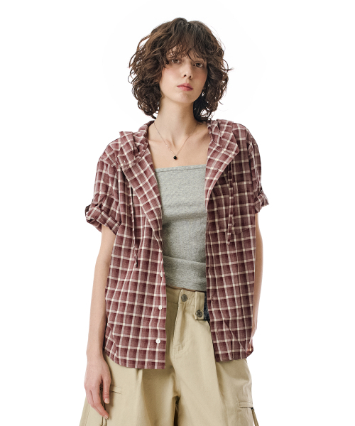 SECONDMONO（セカンドモノローグ）の「Roll-up Button Hooded Check Half Shirt [BURGUNDY]_SESH013BURGUNDY（シャツ/ブラウス・レディース・その他・SMALL/MEDIUM/X-SMALL）」の6枚目の写真