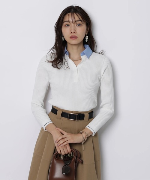 JUSGLITTY(ジャスグリッティー)の「シャツカラーVネックアンサンブル(ニット/セーター・レディース・ホワイト/ネイビー/グレー・2)」の9枚目の写真