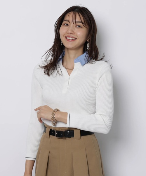 JUSGLITTY(ジャスグリッティー)の「シャツカラーVネックアンサンブル(ニット/セーター・レディース・ホワイト/ネイビー/グレー・2)」の11枚目の写真