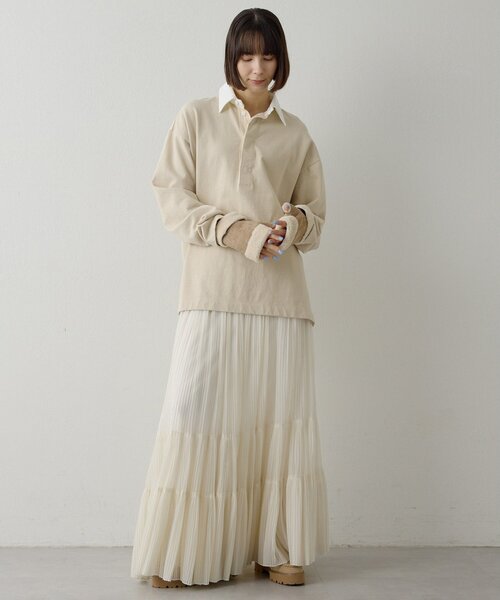 Whim Gazette（ウィムガゼット）の「刺繍ラガーシャツ（Tシャツ/カットソー・レディース・ベージュ/ブラック・FREE）」の4枚目の写真