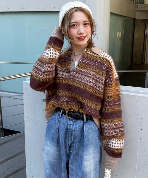 DOUBLE NAME（ダブルネーム）の「USEDジャガードニット（ニット/セーター・レディース・ブラウン系/レッド系・FREE）」の3枚目の写真