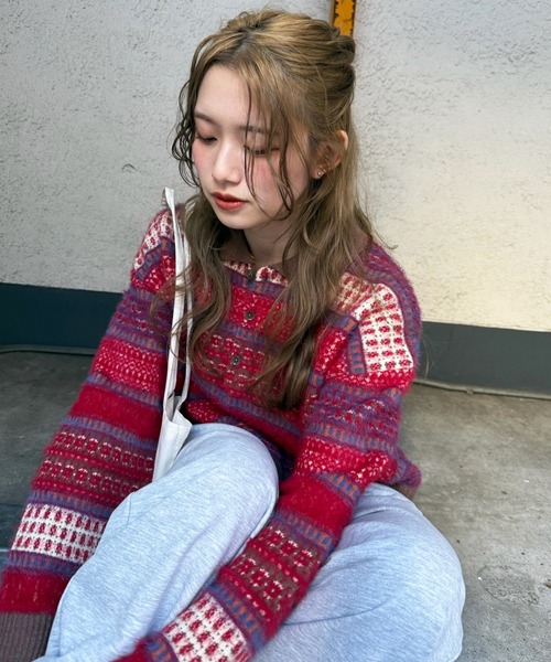 DOUBLE NAME（ダブルネーム）の「USEDジャガードニット（ニット/セーター・レディース・ブラウン系/レッド系・FREE）」の4枚目の写真