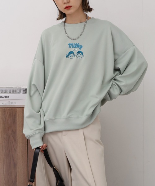 CORPUS　SELECT（コーパストーキョー）の「【PEKO/ペコちゃん】オーバーサイズ ポンチ クルーネック トレーナー スウェット（Tシャツ/カットソー・レディース・ラベンダー/ミント/オフホワイト/ライトピンク・M/L）」の7枚目の写真