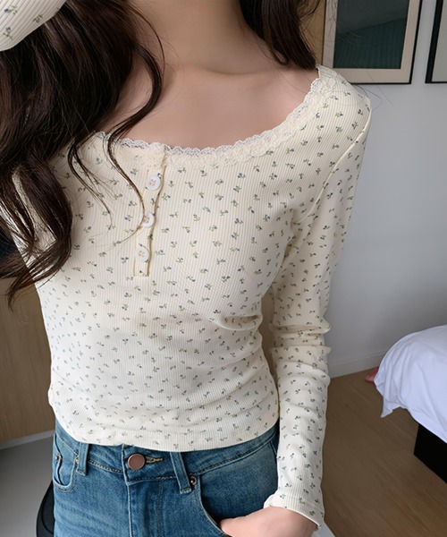 yuue' ( wear )（ユーイ）の「花柄ヘンリーネックリブロングTシャツ カップ付き（Tシャツ/カットソー・レディース・ホワイト/ブラック/アイボリー・FREE）」の10枚目の写真