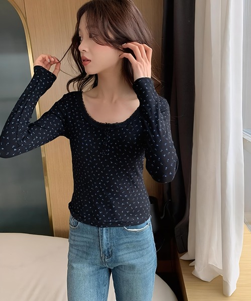 yuue' ( wear )（ユーイ）の「花柄ヘンリーネックリブロングTシャツ カップ付き（Tシャツ/カットソー・レディース・ホワイト/ブラック/アイボリー・FREE）」の12枚目の写真