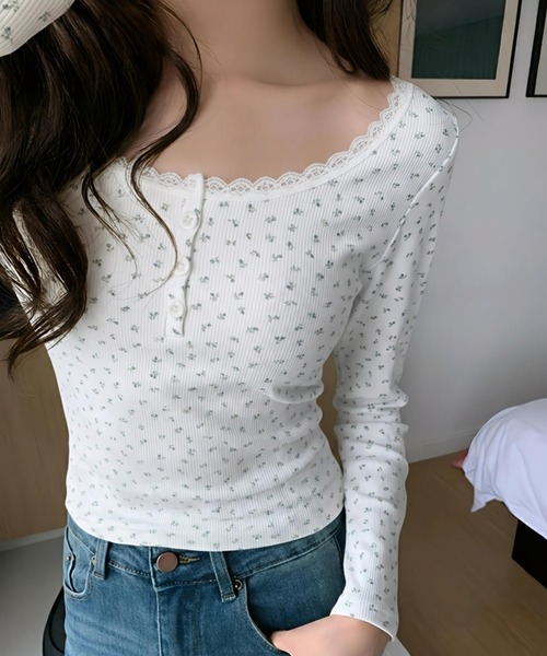 yuue' ( wear )（ユーイ）の「花柄ヘンリーネックリブロングTシャツ カップ付き（Tシャツ/カットソー・レディース・ホワイト/ブラック/アイボリー・FREE）」の6枚目の写真
