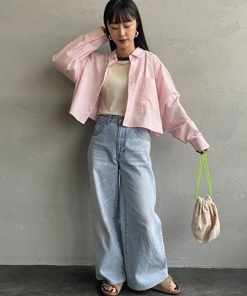 UNIVERSAL OVERALL（ユニバーサルオーバーオール）の「[UNIVERSAL OVERALL/ユニバーサルオーバーオール] 別注 ショート丈 ビッグポケットストライプシャツ（シャツ/ブラウス・レディース・ブルー/サックスブルー/イエロー/ピンク・F）」の15枚目の写真