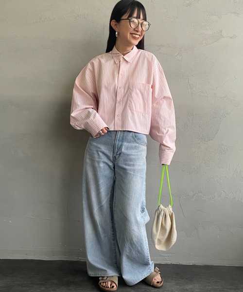 UNIVERSAL OVERALL（ユニバーサルオーバーオール）の「[UNIVERSAL OVERALL/ユニバーサルオーバーオール] 別注 ショート丈 ビッグポケットストライプシャツ（シャツ/ブラウス・レディース・ブルー/サックスブルー/イエロー/ピンク・F）」の19枚目の写真