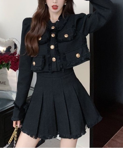 monofyさん専用ジバンシー金ボタンスカートと黒セットアップ セットアップ】ゴールドボタンフリンジデザインジャケット&ミニ