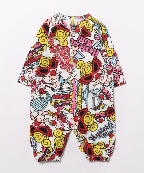 HYSTERIC MINI(ヒステリックミニ)の「HYSTERIC MINI SWEETS PARLOR総柄 2WAYALL(Tシャツ/カットソー・キッズ・ホワイト/ブラック/ピンク・FREE)」の1枚目の写真