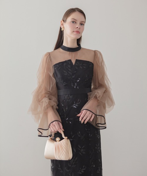 Leja（レジャ）の「【LEJA】パイピングチュールシアースリーブスパンコールフラワーIラインワンピースドレス美脚効果結婚式 パーティードレス 成人式 二次会 同窓会 お呼ばれ オケージョン 20代 30代（ドレス・レディース・ブラック/グレー・MEDIUM/SMALL）」の14枚目の写真