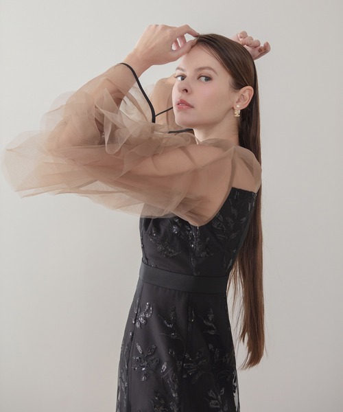 Leja（レジャ）の「【LEJA】パイピングチュールシアースリーブスパンコールフラワーIラインワンピースドレス美脚効果結婚式 パーティードレス 成人式 二次会 同窓会 お呼ばれ オケージョン 20代 30代（ドレス・レディース・ブラック/グレー・MEDIUM/SMALL）」の16枚目の写真