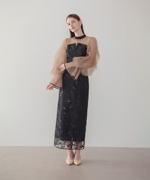 Leja（レジャ）の「【LEJA】パイピングチュールシアースリーブスパンコールフラワーIラインワンピースドレス美脚効果結婚式 パーティードレス 成人式 二次会 同窓会 お呼ばれ オケージョン 20代 30代（ドレス・レディース・ブラック/グレー・MEDIUM/SMALL）」の18枚目の写真
