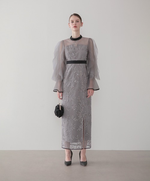 Leja（レジャ）の「【LEJA】パイピングチュールシアースリーブスパンコールフラワーIラインワンピースドレス美脚効果結婚式 パーティードレス 成人式 二次会 同窓会 お呼ばれ オケージョン 20代 30代（ドレス・レディース・ブラック/グレー・MEDIUM/SMALL）」の7枚目の写真
