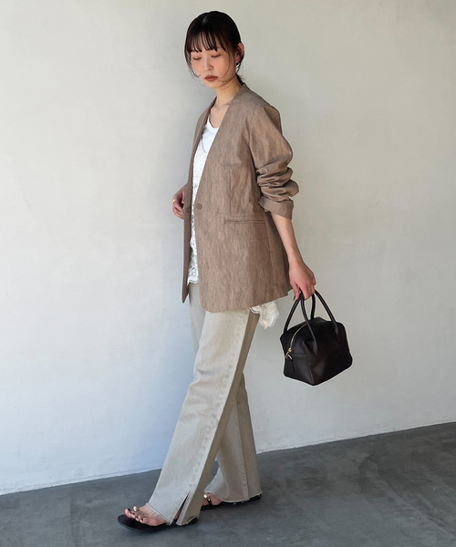 SLOBE IENA(スローブイエナ)の「メランジュヘリンボーンカラーレスジャケット(ノーカラージャケット・レディース・ベージュ・38/36)」の3枚目の写真