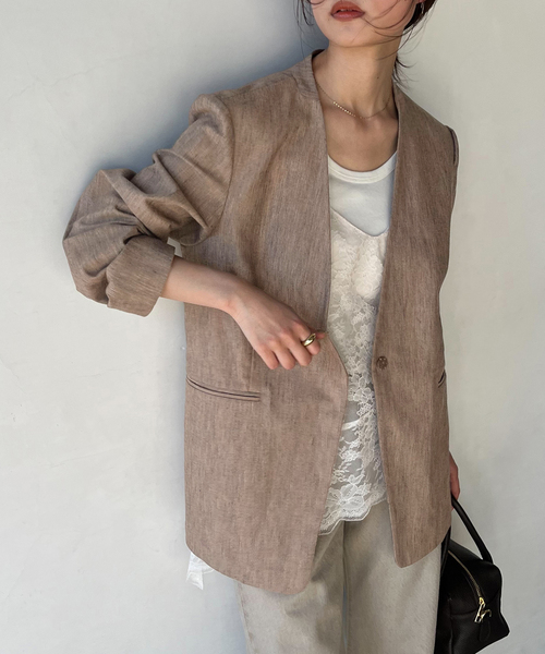 SLOBE IENA(スローブイエナ)の「メランジュヘリンボーンカラーレスジャケット(ノーカラージャケット・レディース・ベージュ・38/36)」の5枚目の写真
