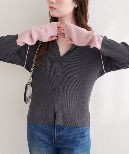 natural couture(ナチュラルクチュール)の「バイカラーリブニットカーデ(カーディガン/ボレロ・レディース・サックスブルー/ライトベージュ/ピンク/チャコールグレー・FREE)」の5枚目の写真