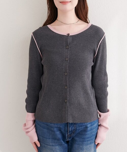 natural couture(ナチュラルクチュール)の「バイカラーリブニットカーデ(カーディガン/ボレロ・レディース・サックスブルー/ライトベージュ/ピンク/チャコールグレー・FREE)」の9枚目の写真