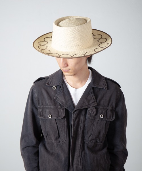 INDIETRO ASSOCIATION(インディエトロアソシエーション)の「Porkpie Panama Hat / ポークパイロングブリムパナマハット(ハット・メンズ・ナチュラル/ブラック・1)」の2枚目の写真