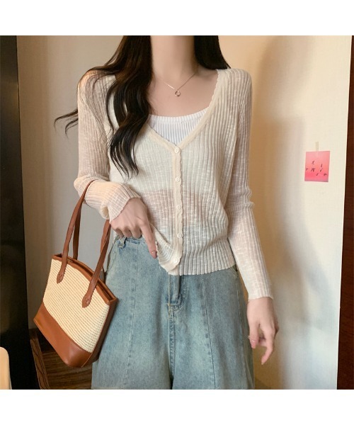 somnium(ソムニウム)の「シアーメッシュVネックカーディガン / レディース ショート丈 春夏トップス 韓国ファッション(カーディガン/ボレロ・レディース・ホワイト/ベージュ/ブラック・FREE)」の7枚目の写真