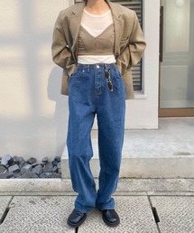 ISOOK | ウエストリラックスストレートデニム(kiharu select) / イージーデニム ウエストゴム フルレングス ハイウエスト ブルー(デニムパンツ)
